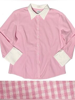 Brooks Brothers Pink White Button Shirt Contrast Collar/Cuffs Fitted Non Iron 12